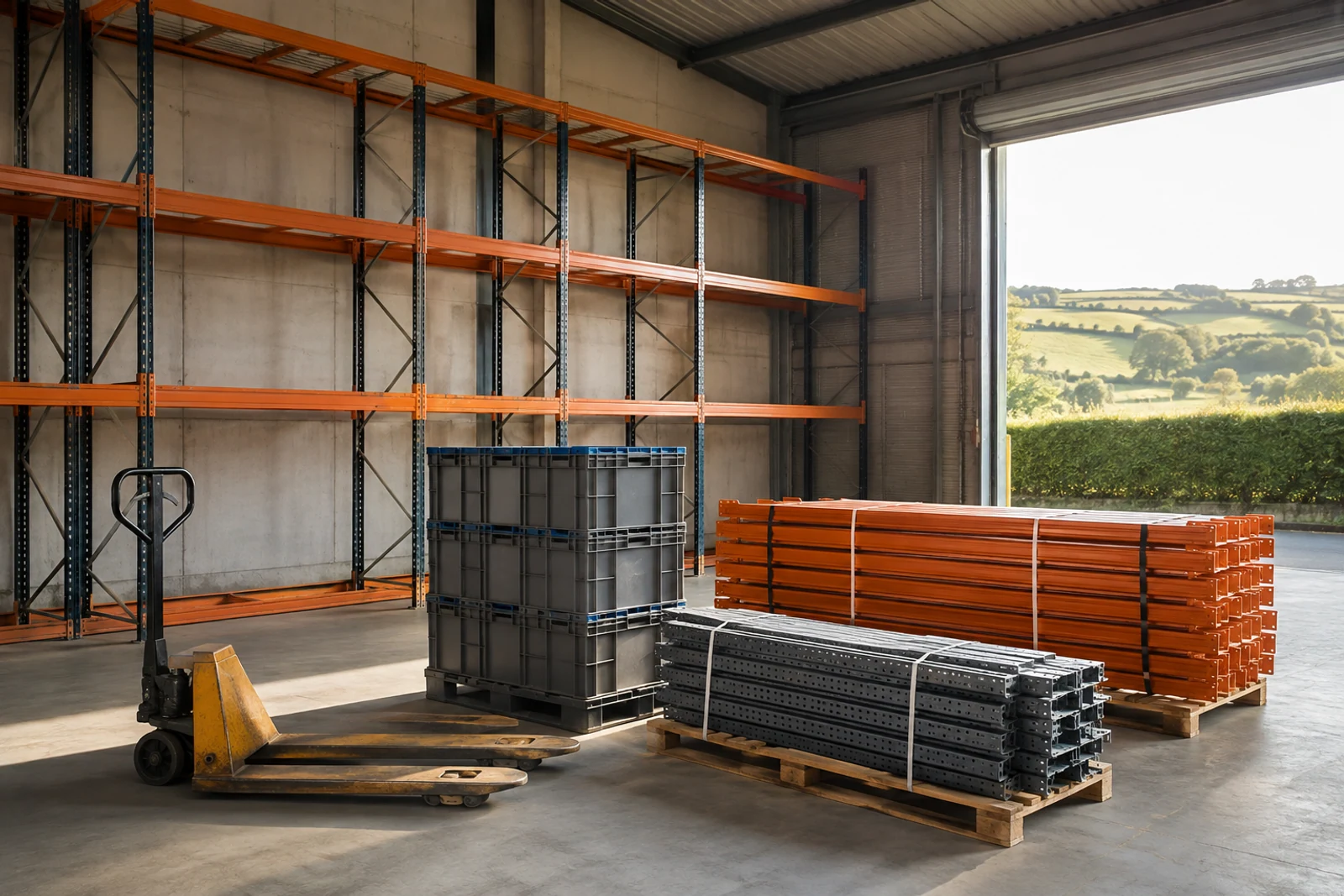 Warehouse racking beams, uprights, crates and pallet truck grouped for sale