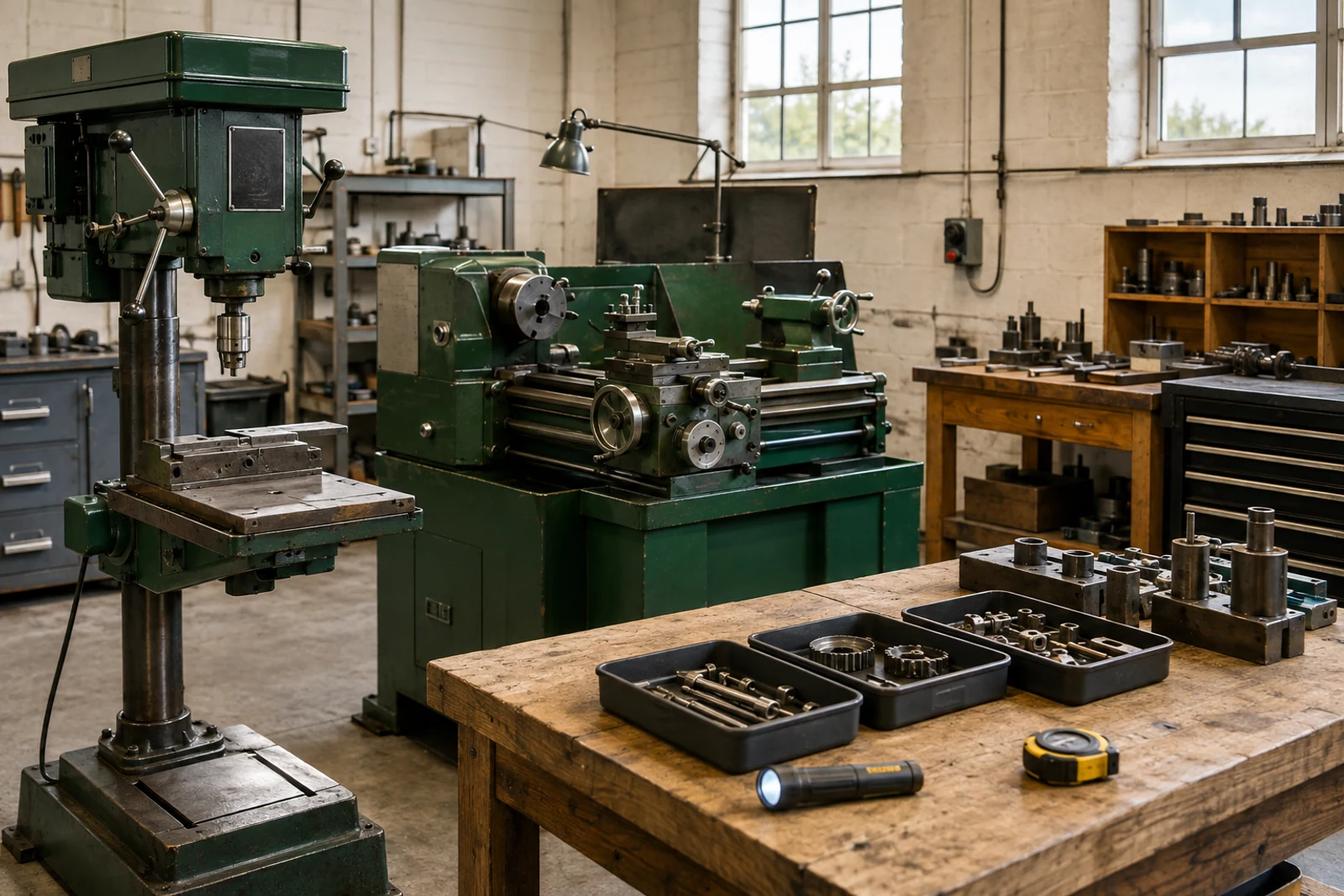 Used pillar drill and metal lathe in an organised Irish workshop with accessories sorted for sale