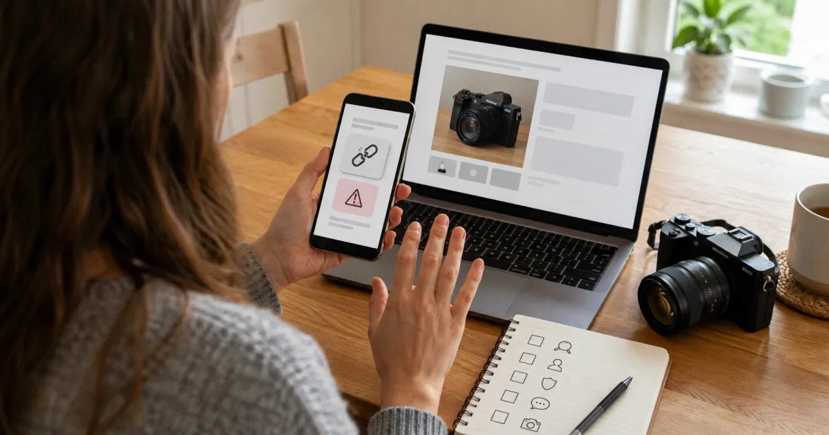 Classifieds user pausing at a suspicious broken-link warning while checking an online camera advert against the actual used camera