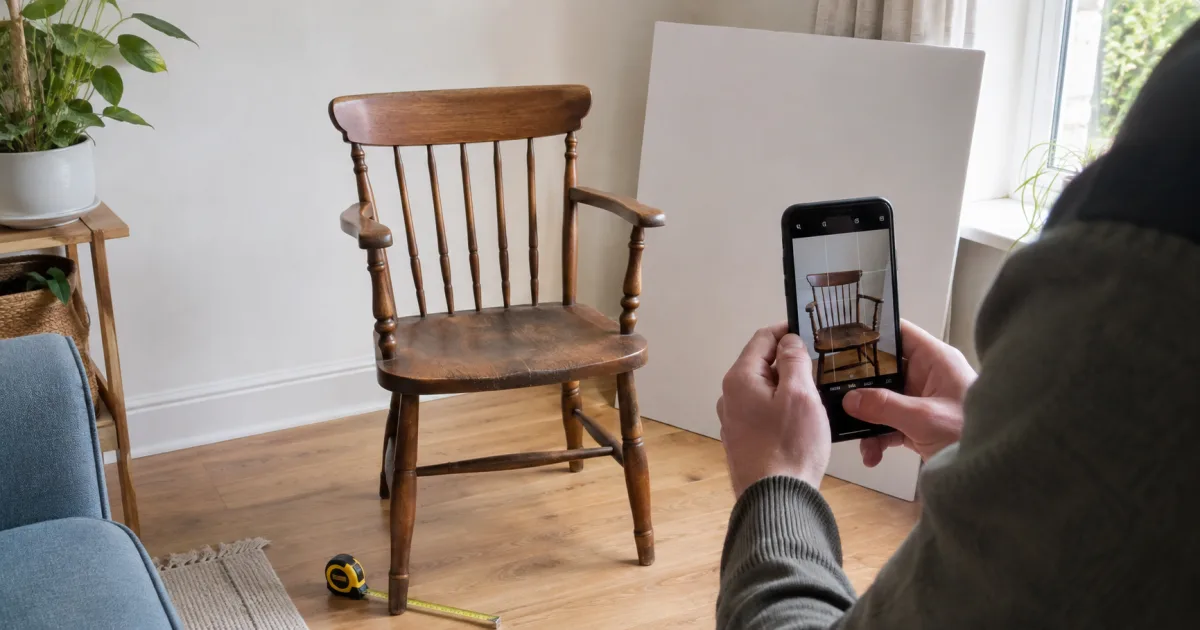 Seller photographing a second-hand wooden chair in natural window light with a simple reflector and measuring tape