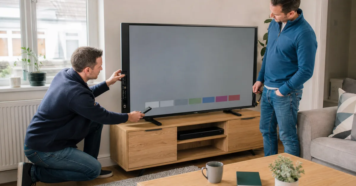 Buyer inspecting the picture uniformity and side ports of a second-hand television in Ireland