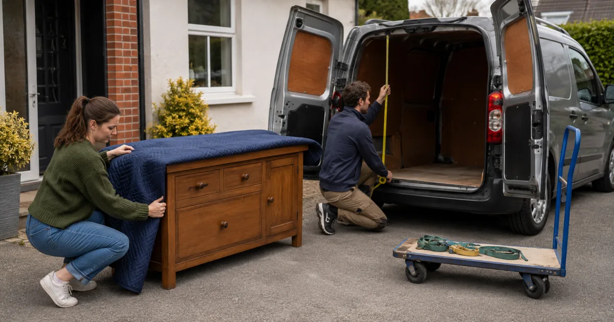 Buyer and seller wrapping a used wooden sideboard and measuring a van before collection