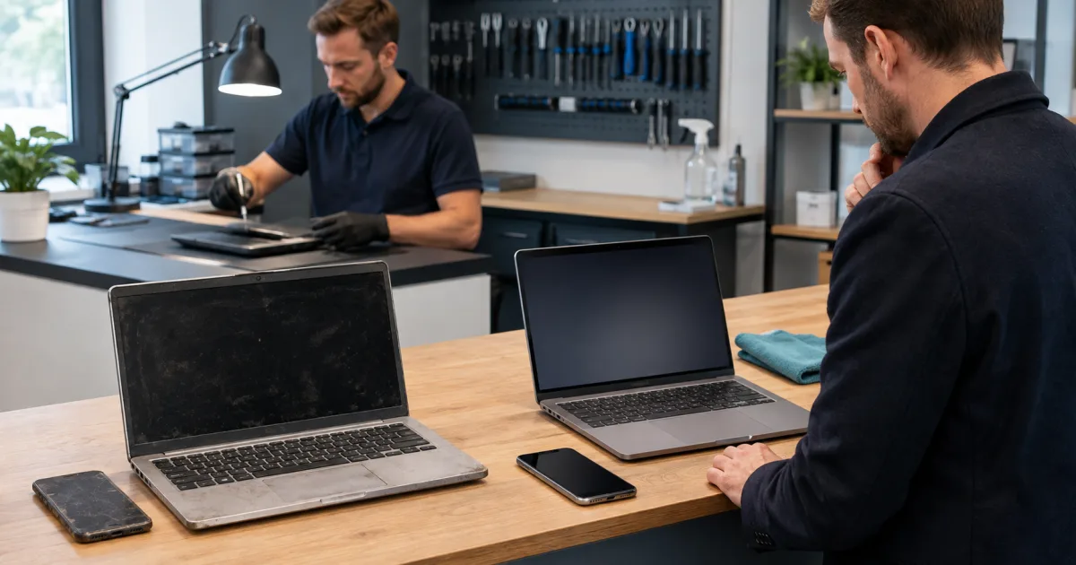 Buyer comparing visibly used and professionally prepared laptops and phones at an electronics workshop