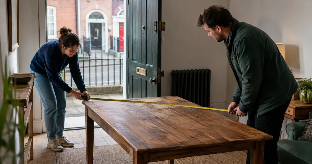 Two Dublin renters measuring a second-hand wooden dining table before collection