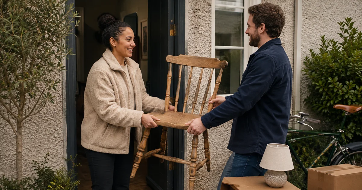 Buyer and seller handing over a second-hand wooden chair outside an Irish home