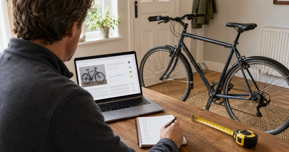 Seller reviewing an underperforming used bicycle advert on a laptop beside the bicycle, checklist and measuring tape