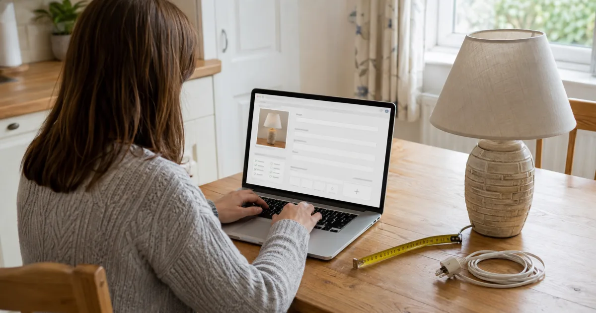 Seller writing a structured online classified advert beside the used table lamp, measuring tape and cable being described