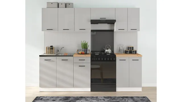 240 cm Light Grey High Gloss Modern Complete Kitchen Set without Worktop, photo 1