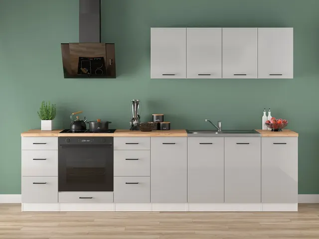 300 cm Light Grey High Gloss Modern Complete Kitchen Set