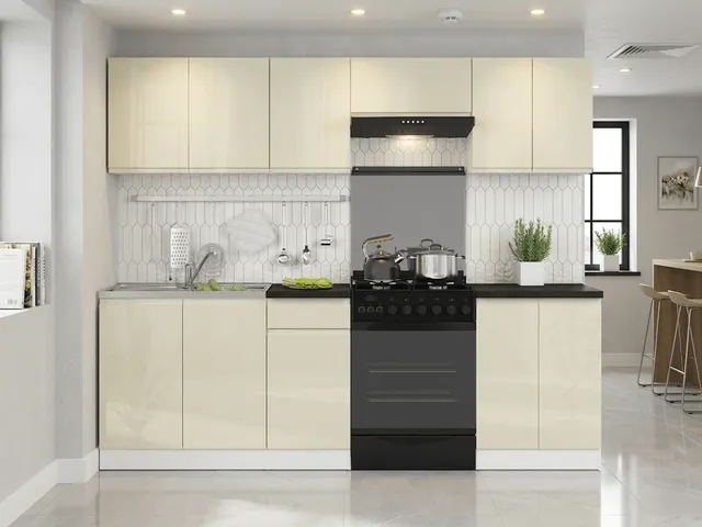 240 cm Vanilla High Gloss Junona Line Complete Kitchen Set without Worktop