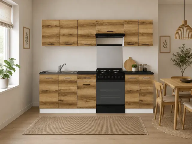 240 cm Light Delano Oak Modern Complete Kitchen Set with Worktop, photo 1