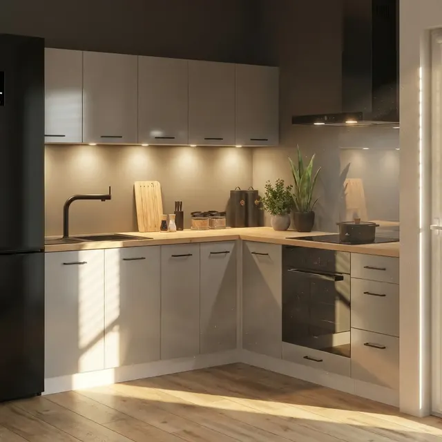 200×200 cm Light Grey High Gloss Stylish Corner Kitchen with Worktop