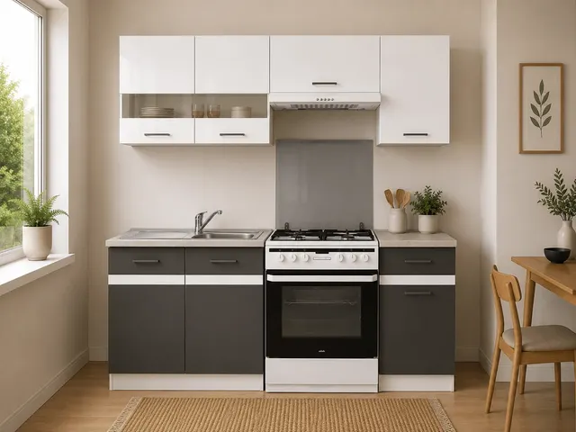 180 cm White and Grey Complete Kitchen Set with Worktop, photo 1