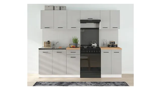 240 cm Light Grey High Gloss Complete Kitchen Set with Worktop