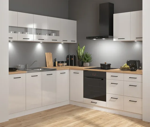 220×220 cm Chalk White High Gloss Modern Corner Kitchen without Worktop, photo 1