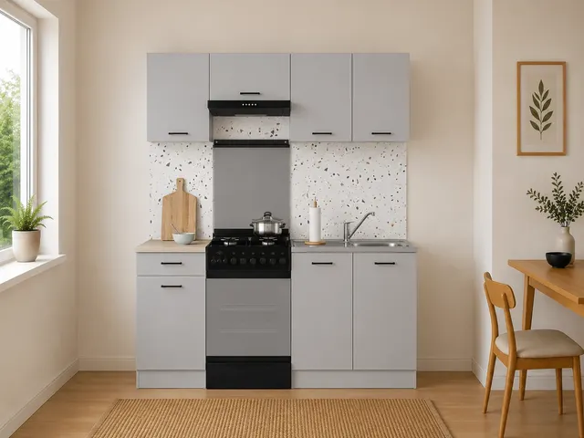 170 cm Light Grey High Gloss Compact Complete Kitchen Set without Worktop, photo 1
