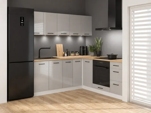 200×200 cm Light Grey High Gloss Corner Kitchen without Worktop