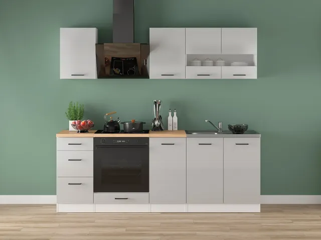 220 cm Light Grey High Gloss Practical Complete Kitchen Set