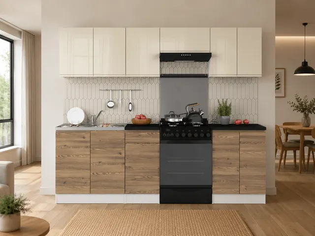 240 cm Vanilla High Gloss and Sibiu Gold Larch Stylish Kitchen Set without Worktop