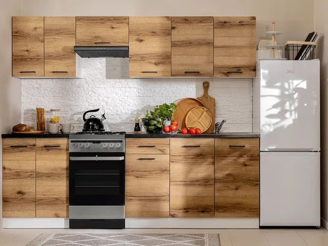 230 cm Light Delano Oak Modern Complete Kitchen Set with Worktop, photo 1
