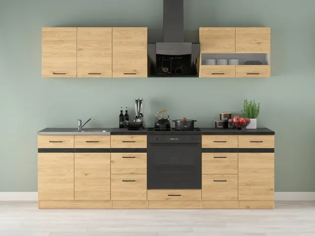 260 cm Amber Oak Stylish Complete Kitchen Set