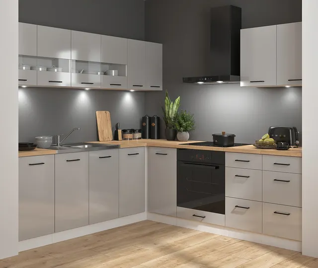 220 × 240 cm Light Grey High Gloss Junona Line Modern Corner Kitchen