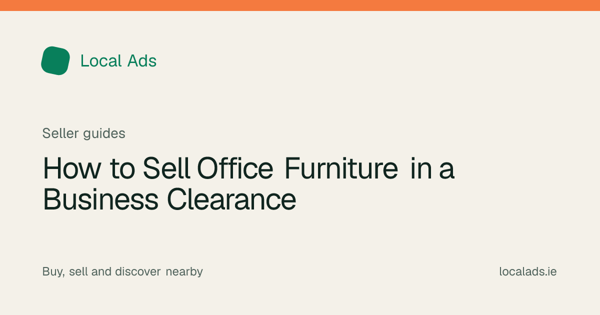 Office desks and chairs labelled for an organised business clearance sale